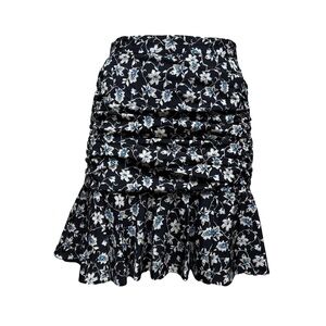 Veronica Beard Black Floral Ruched Mini Skirt with White & Blue Flowers